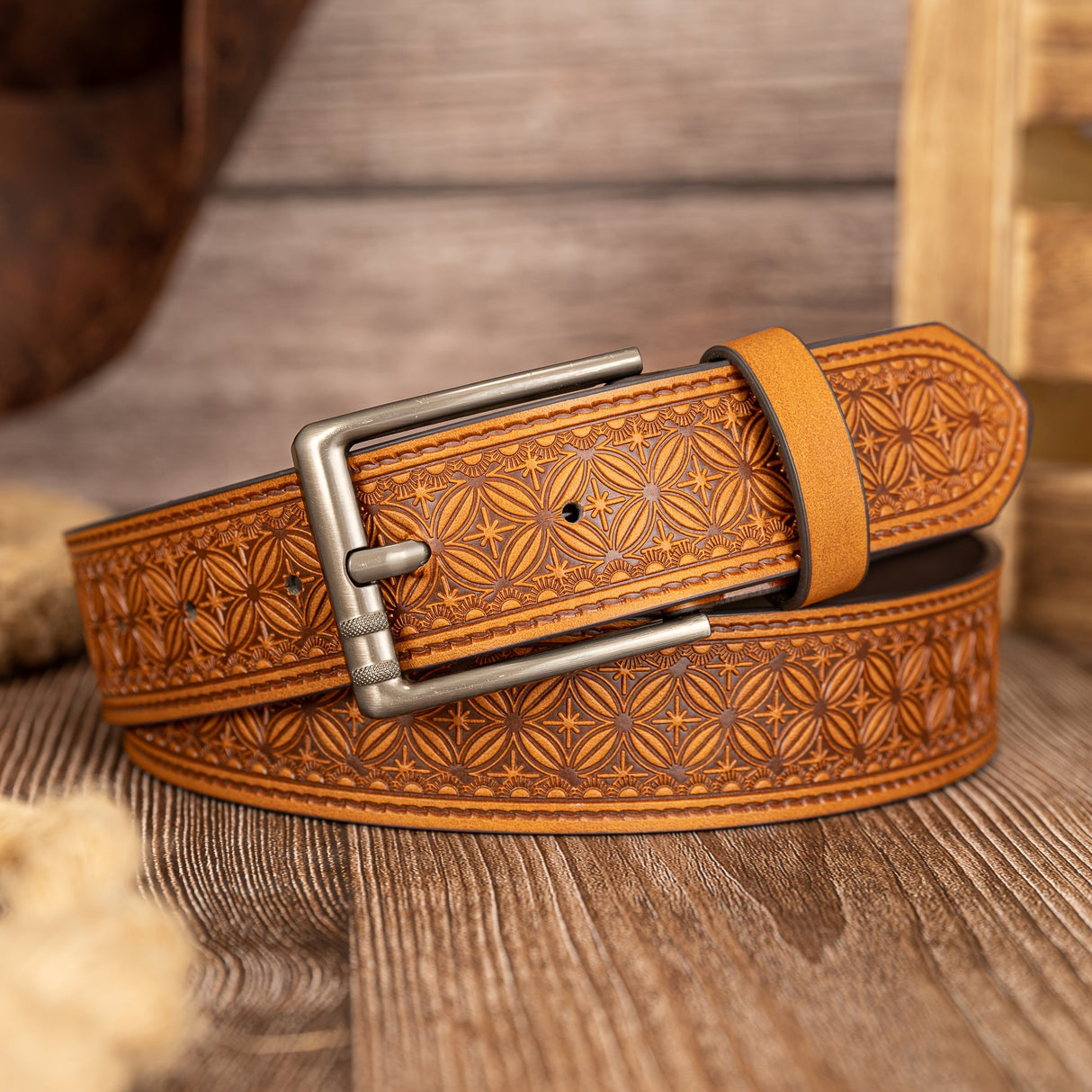 Floral Embossed PU Belt – Classic Pin Buckle Workoutry