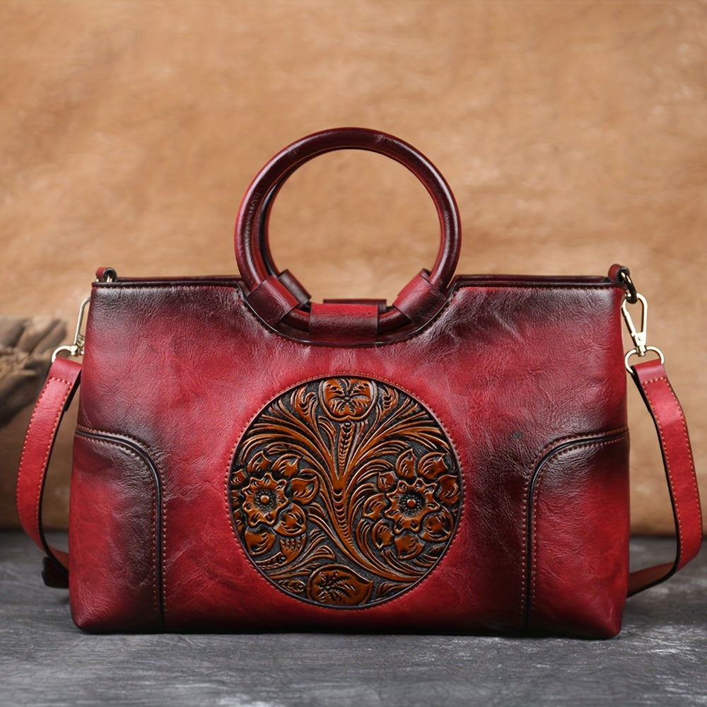 Handcrafted Embossed Leather Tote – Retro Style Workoutry
