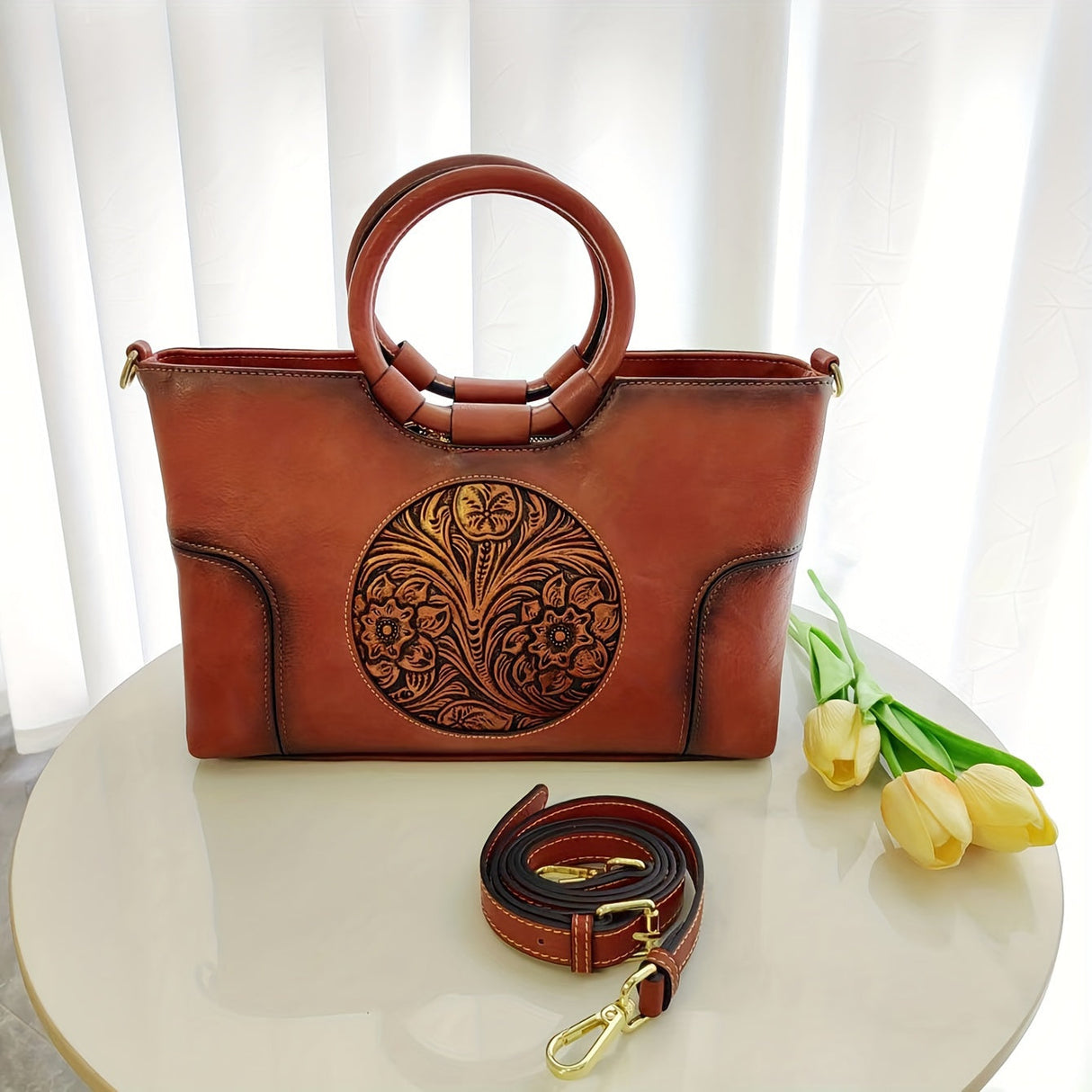 Handcrafted Embossed Leather Tote – Retro Style Workoutry