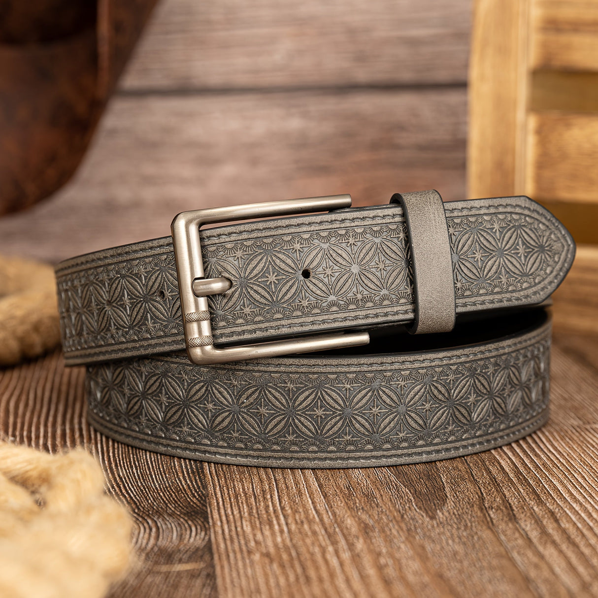 Floral Embossed PU Belt – Classic Pin Buckle Workoutry