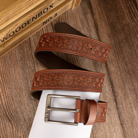 Floral Embossed PU Belt – Classic Pin Buckle Workoutry