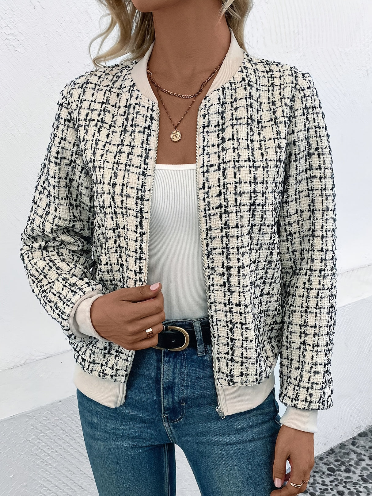 Aria Houndstooth Zip-Up Bomber Jacket