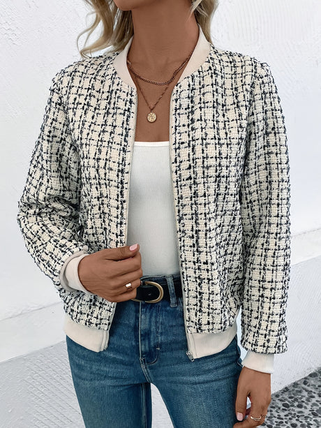 Aria Houndstooth Zip-Up Bomber Jacket