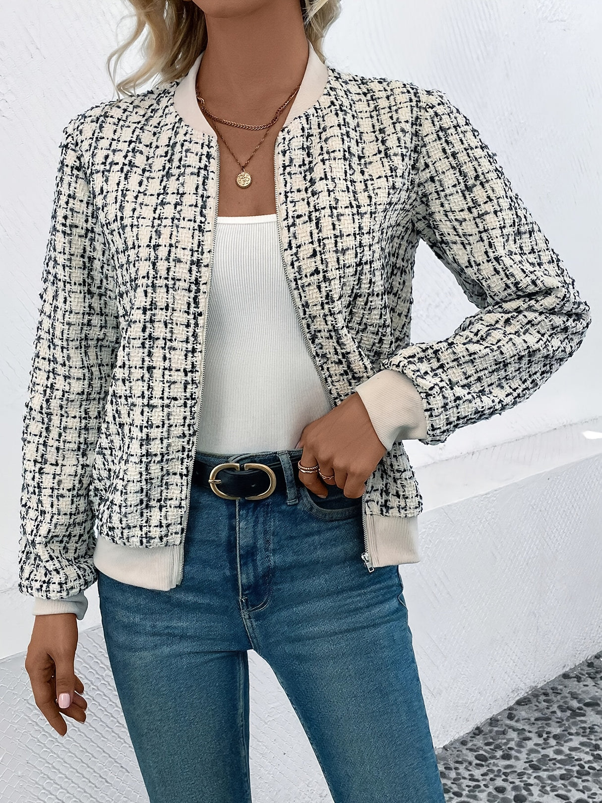 Aria Houndstooth Zip-Up Bomber Jacket 1
