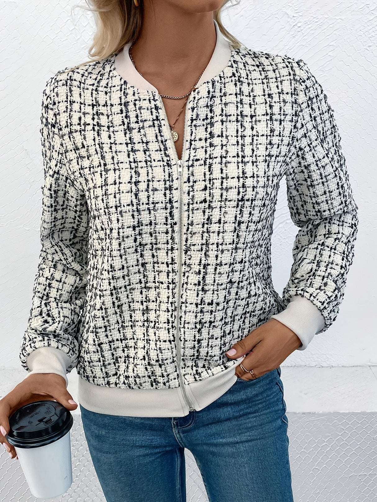 Aria Houndstooth Zip-Up Bomber Jacket 2