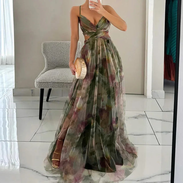 Elegant Painted Floral V-Neck Maxi Dress