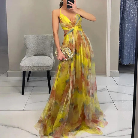 Elegant Painted Floral V-Neck Maxi Dress 1