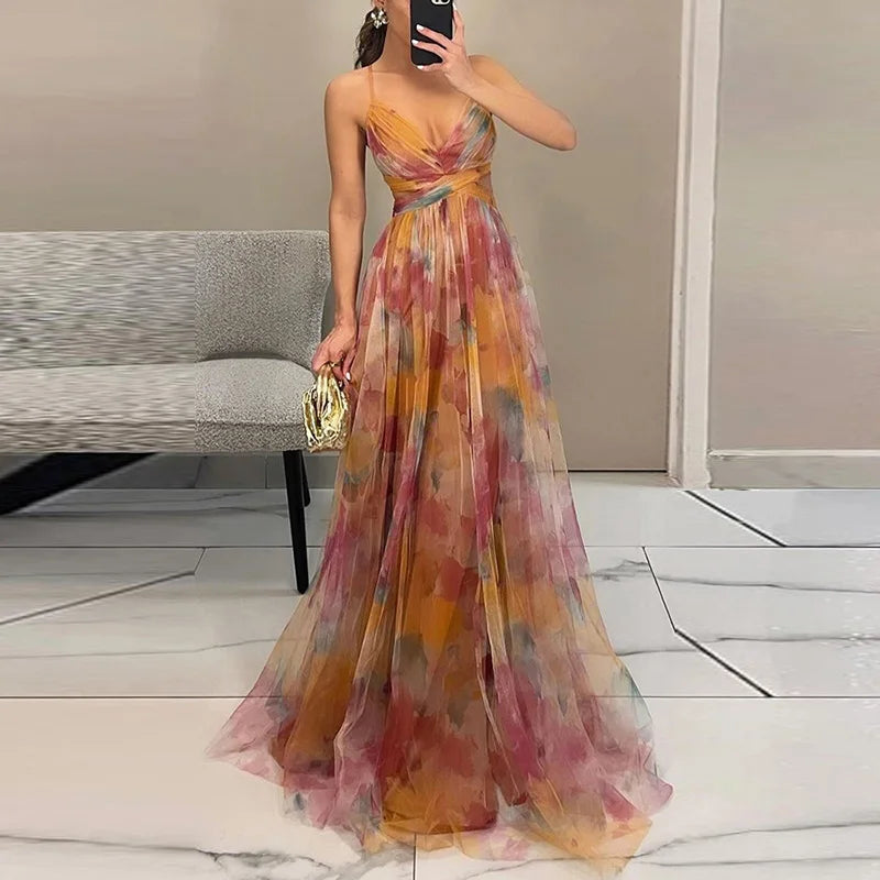 Elegant Painted Floral V-Neck Maxi Dress 2