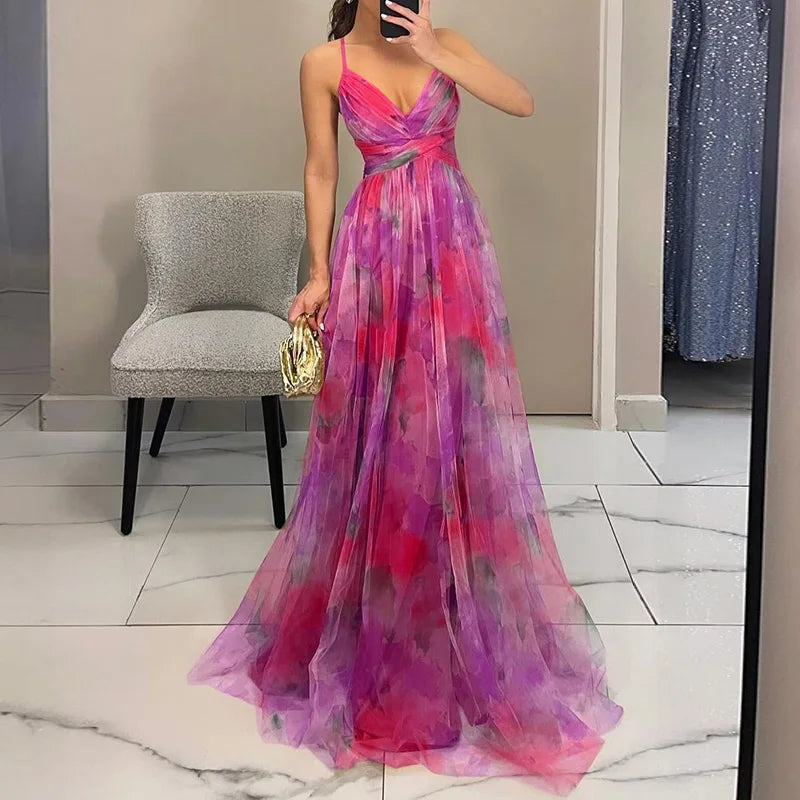 Elegant Painted Floral V-Neck Maxi Dress 3