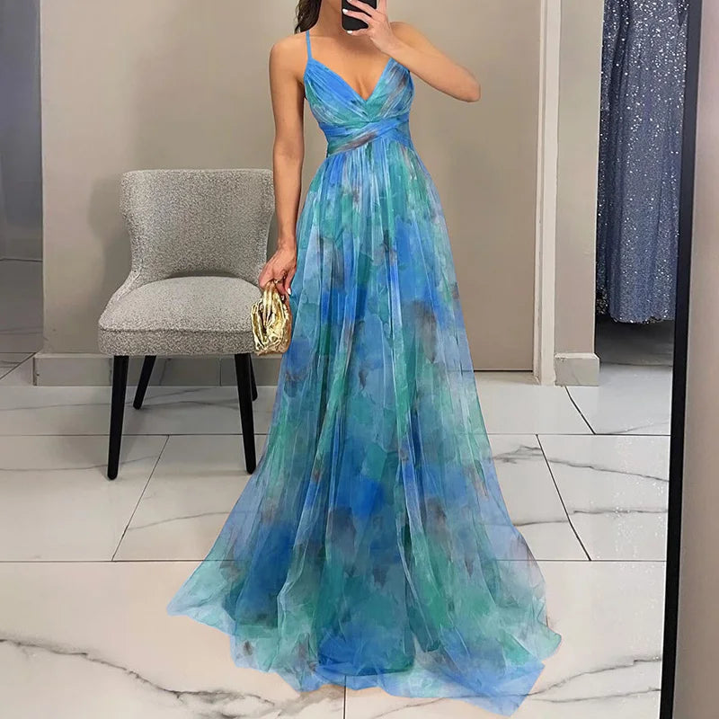 Elegant Painted Floral V-Neck Maxi Dress 4