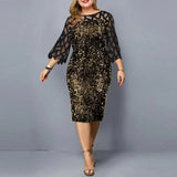 Elegant Plus Size Sequin Midi Dress Black on gold