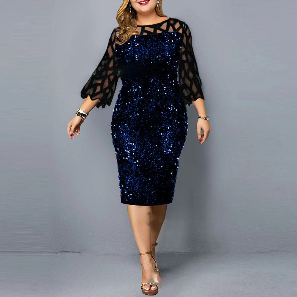 Elegant Plus Size Sequin Midi Dress Blue