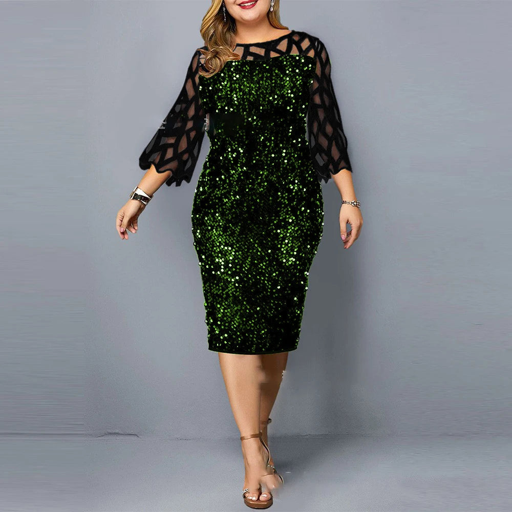 Elegant Plus Size Sequin Midi Dress Green on black