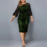 Elegant Plus Size Sequin Midi Dress Green on black