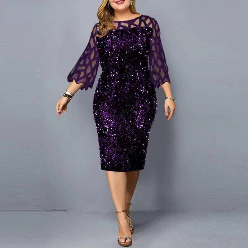 Elegant Plus Size Sequin Midi Dress Purple