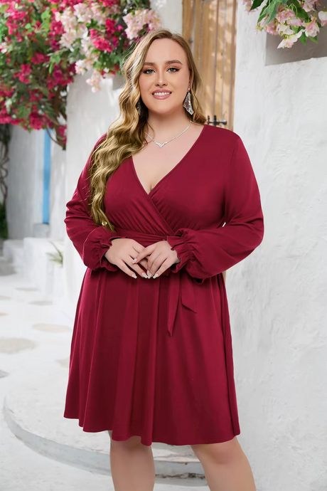 Elegant Ruffle Tie Waist Mini Dress Red 1