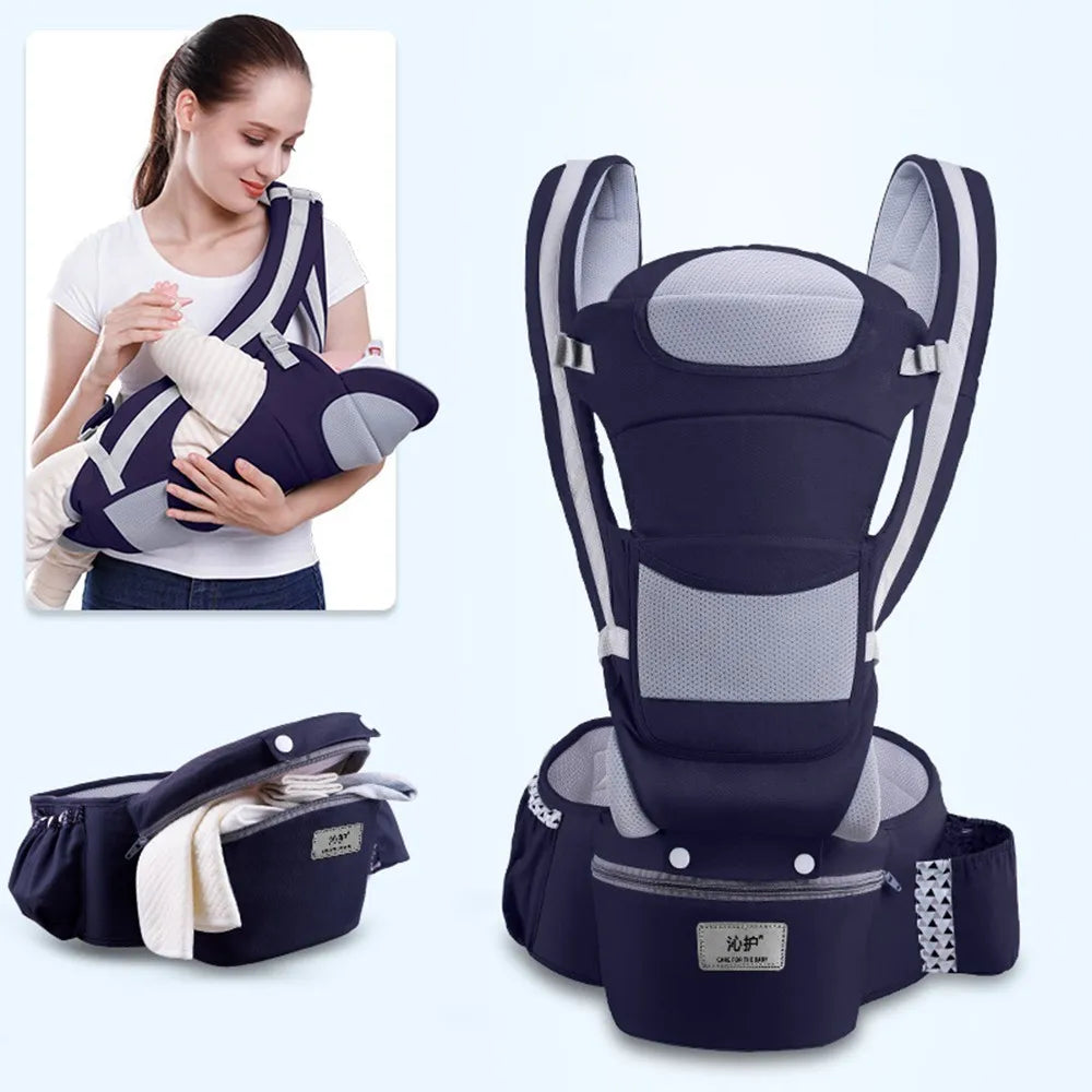 Ergonomic Baby Hipseat Carrier – Front and Back Backpack Navy blue