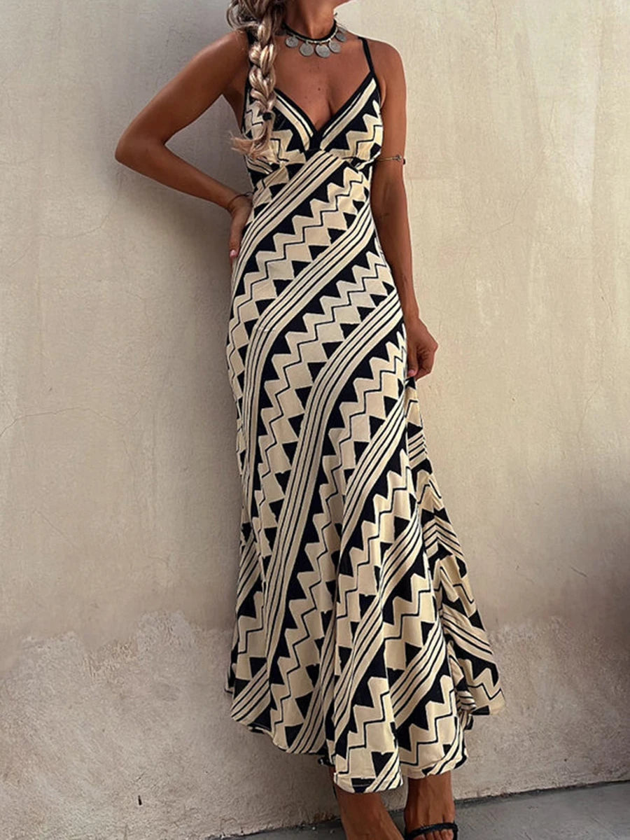 Ethnic Print Satin Maxi Dress with Smocked Back – Exclusive Style