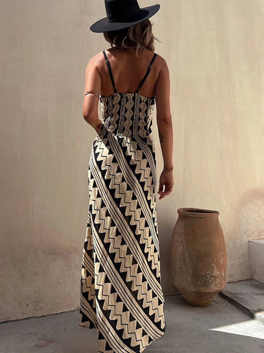 Ethnic Print Satin Maxi Dress with Smocked Back – Exclusive Style 1
