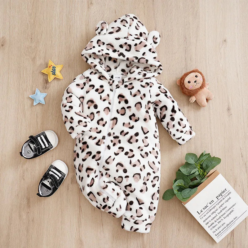 Flannel Baby Romper with Hood – Leopard Print Winter Suit