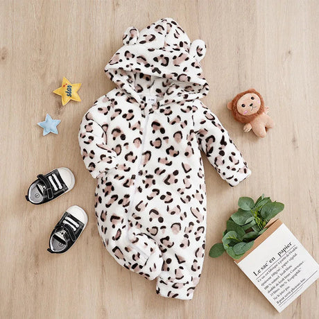 Flannel Baby Romper with Hood – Leopard Print Winter Suit