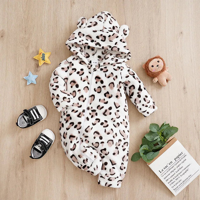 Flannel Baby Romper with Hood – Leopard Print Winter Suit
