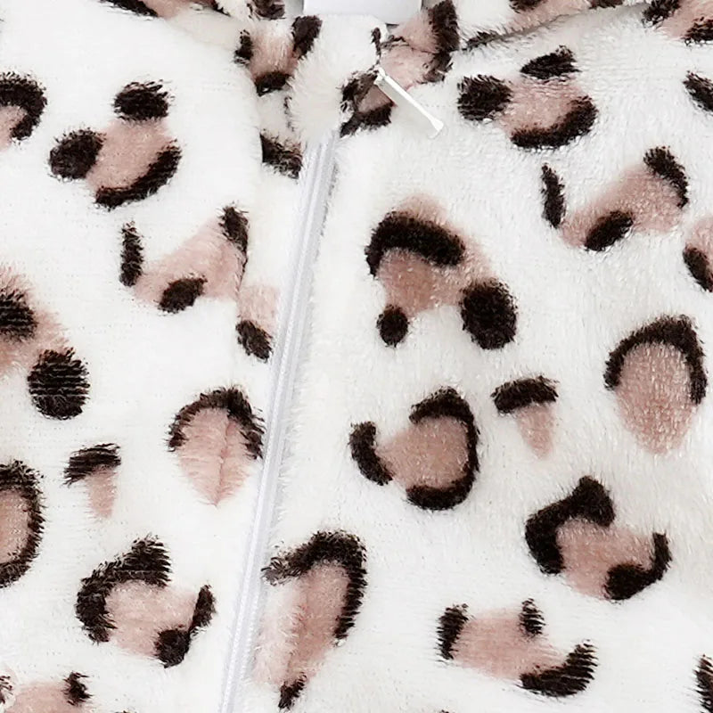 Flannel Baby Romper with Hood – Leopard Print Winter Suit 1