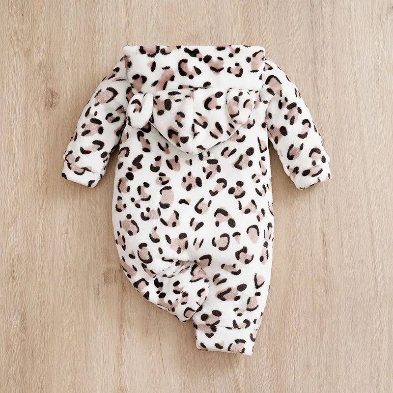 Flannel Baby Romper with Hood – Leopard Print Winter Suit back