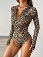 full front view of leopard print long sleeve shapewear bodysuit showing high-cut leg