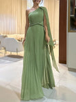 Off-Shoulder Pleated Maxi Dress – Elegant & Flowy