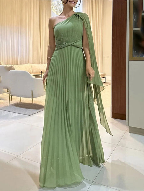 Off-Shoulder Pleated Maxi Dress – Elegant & Flowy