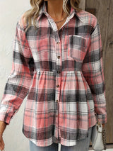 Plaid Polo Collar Cinched Blouse
