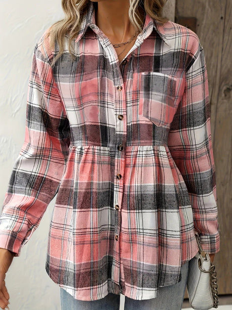 Plaid Polo Collar Cinched Blouse