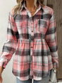 Plaid Polo Collar Cinched Blouse