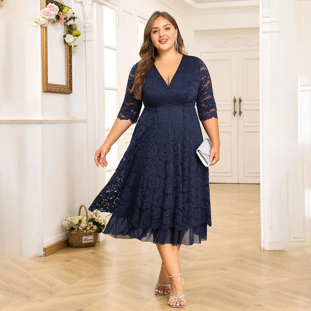 Plus Size Lace Mesh Midi Dress 1