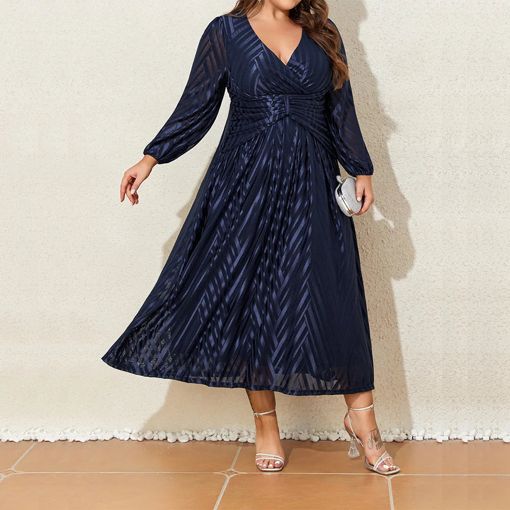 Plus Size Long Sleeve V-Neck Evening Dress 1