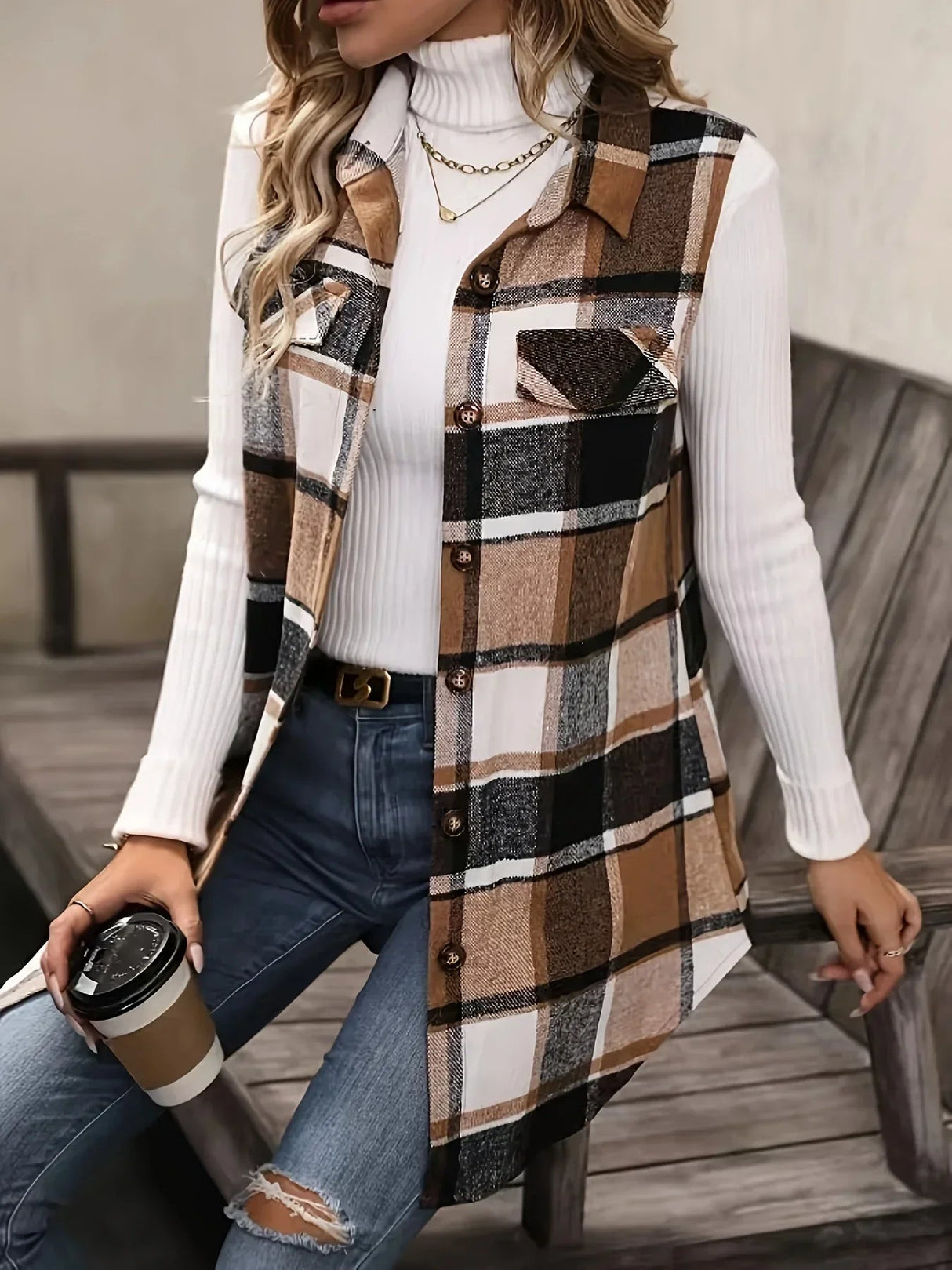 Plus Size Plaid Sleeveless Vest