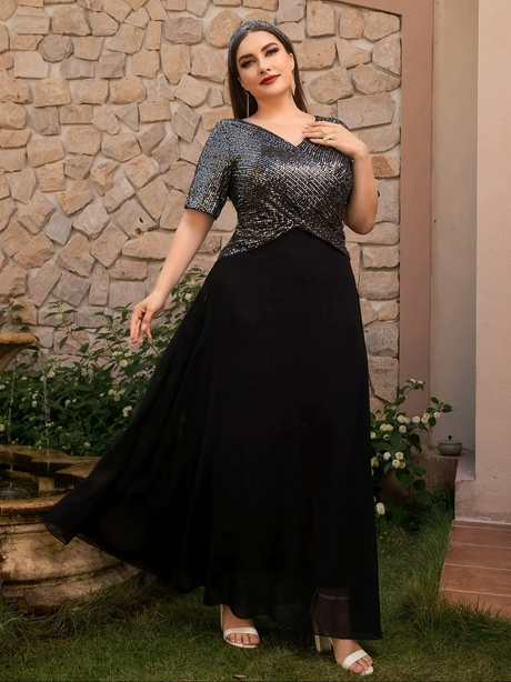 Plus Size Sequin V-Neck Chiffon Dress 3