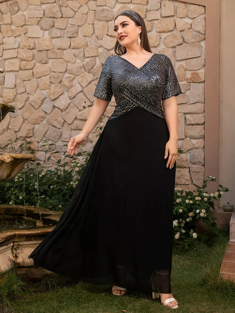 Plus Size Sequin V-Neck Chiffon Dress 4