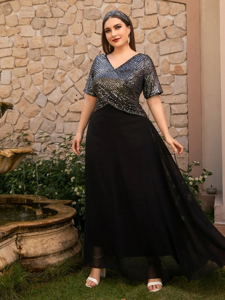 Plus Size Sequin V-Neck Chiffon Dress 5
