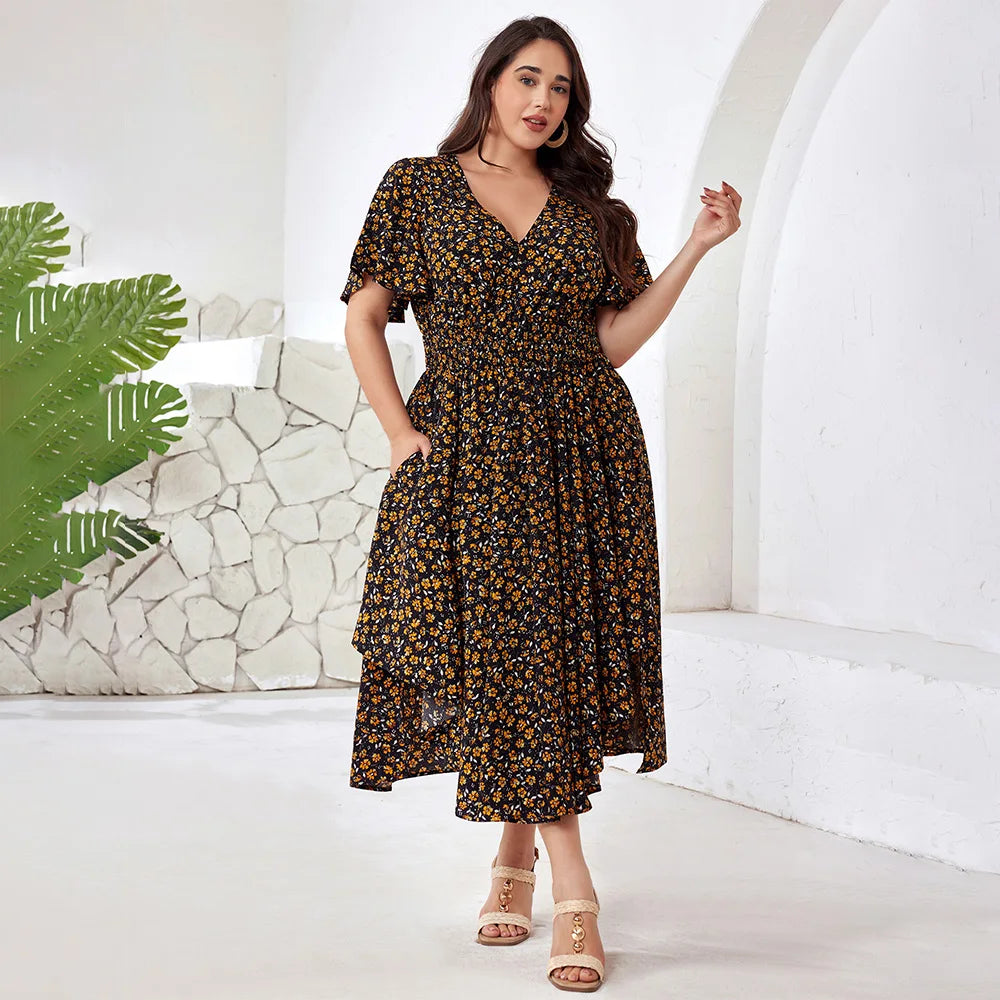 Plus Size V-Neck Floral Beach Dress