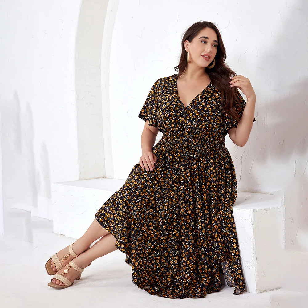 Plus Size V-Neck Floral Beach Dress 1