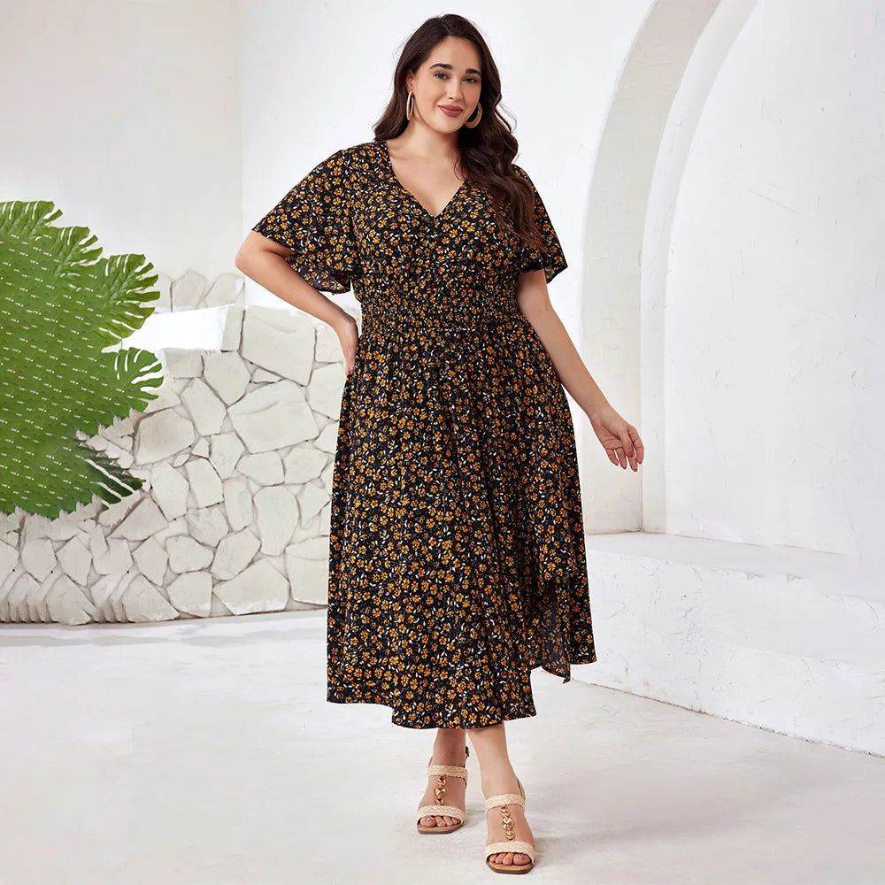 Plus Size V-Neck Floral Beach Dress 2