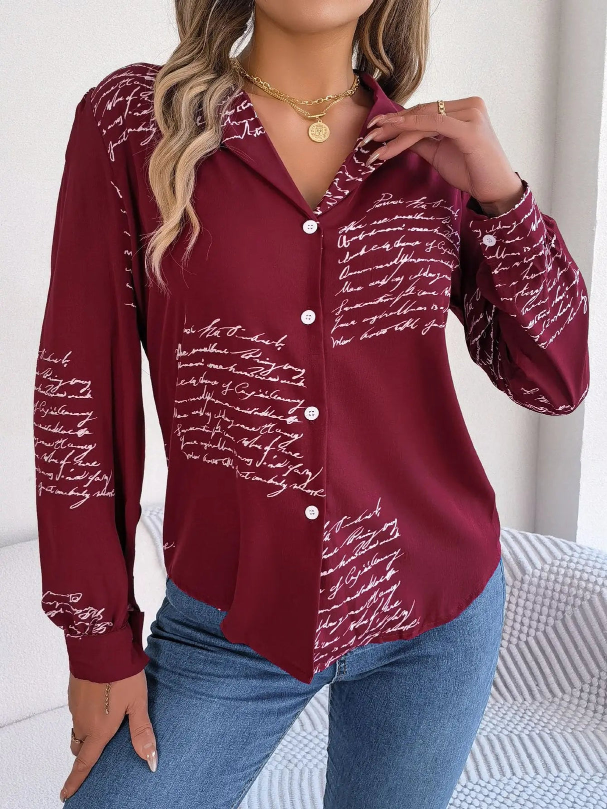 Letter Print Suit Collar Shirt