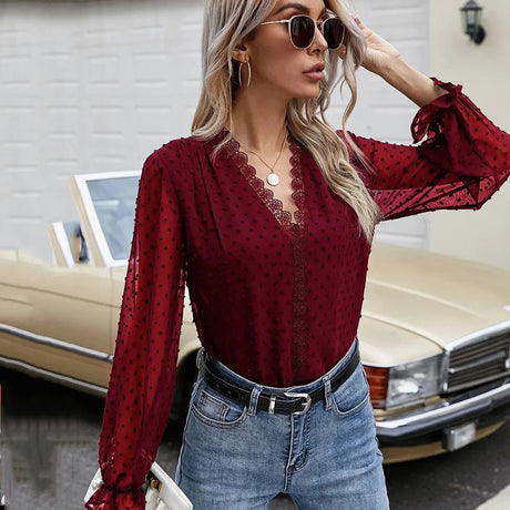 Lace V Neck Jacquard Chiffon Top