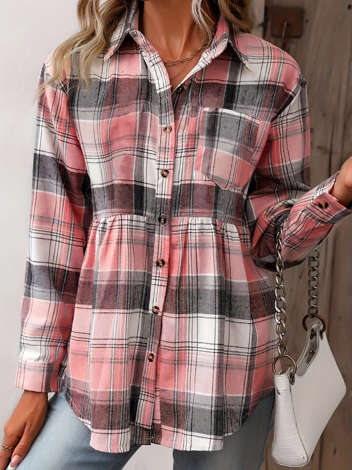 Plaid Polo Collar Cinched Blouse