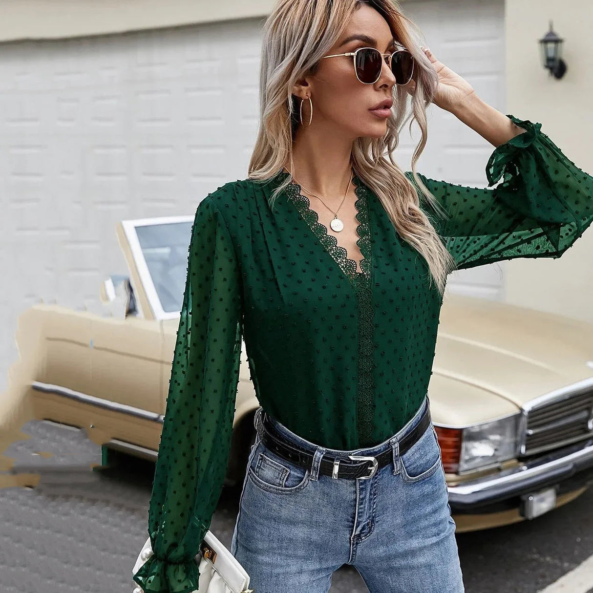 Lace V Neck Jacquard Chiffon Top