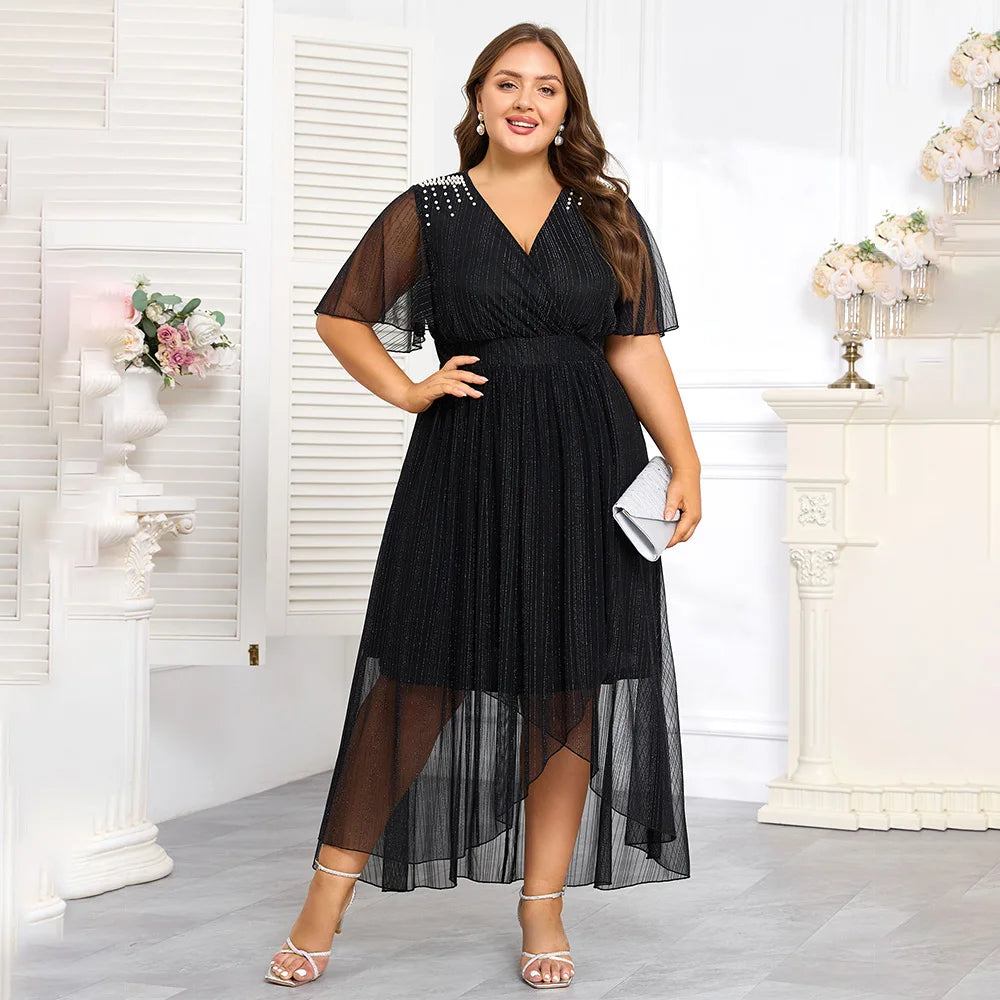 Plus Size Beaded Mesh V-Neck Gown Bianca Australia