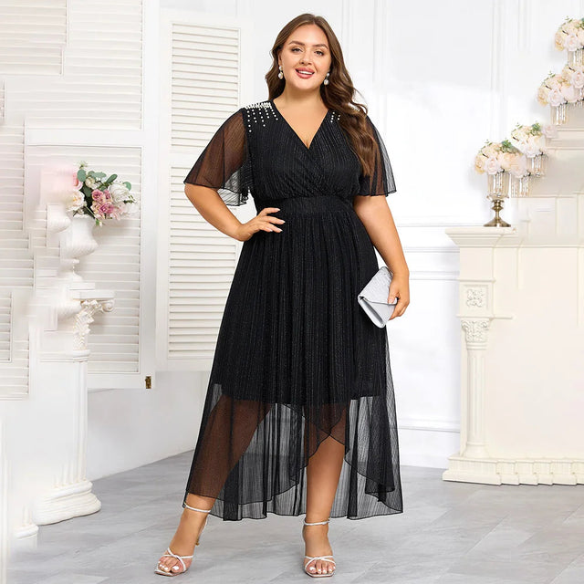 Plus Size Beaded Mesh V-Neck Gown Bianca Australia