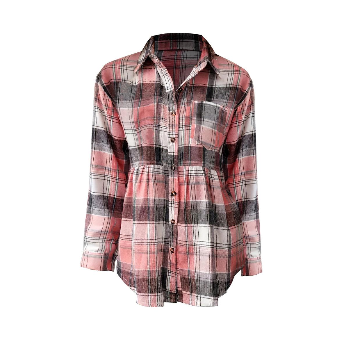 Plaid Polo Collar Cinched Blouse